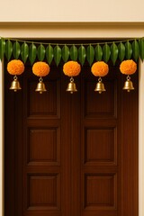 Entrance door decorated with mango leaf toran, marigold flowers, and brass bells