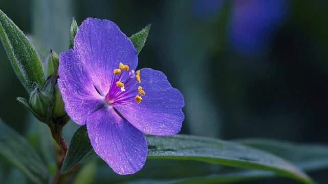 A captivating macro close-up showcases the exquisite beauty of a vibrant purple flower, its delicate petals adorned with glistening dewdrops that shimmer under soft light. The richly colored bloom fea