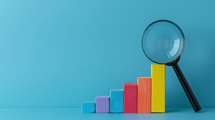 Vibrant bar chart viewed through magnifying glass on a blue background for data analysis