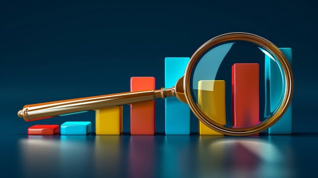 Vibrant bar graph viewed through a magnifying glass against a bright blue backdrop
