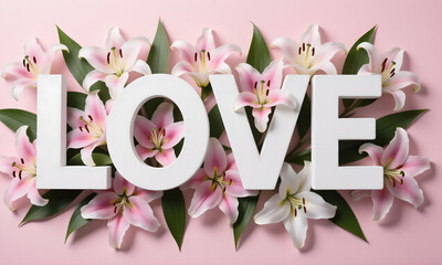 Romantic floral arrangement with lily flowers and the word "LOVE" on pink