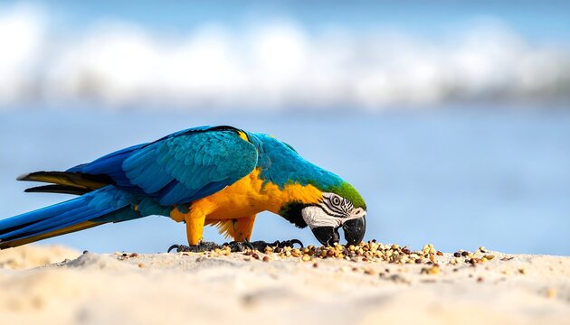 Vibrant parrot feeding on beach