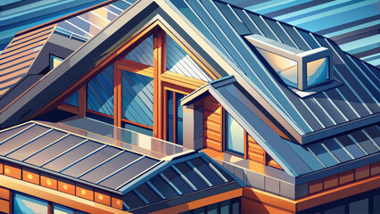 Obraz premium Close-up of a metal roof on a modern house, shiny texture, detailed design, 3D perspective, scalable vector, vibrant tones, clean lines, professional illustration, contemporary isometric architecture 