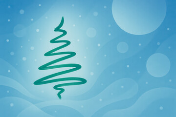 Winter landscape with a simple green Christmas tree design on a blue background with snowflakes and moonlight