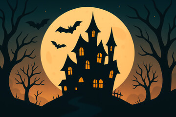 Spooky haunted house silhouette against a large yellow full moon on a dark night with bats flying in the sky