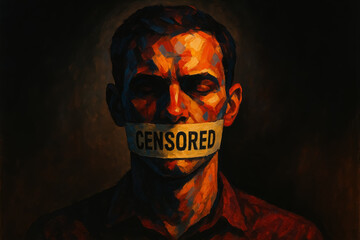 Expression of silence and restriction in art depicting a man with a censored message on his mouth