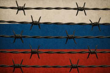 Barbed wire against the backdrop of the Russian flag symbolizing tension and division in a historical context