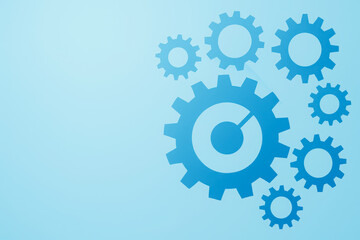 Obraz premium Blue gears and a dial on a light background represent mechanics and engineering concepts in a modern design