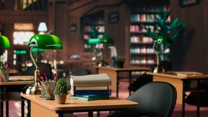 Empty vintage library featuring wooden shelves and classic green lamps, old fashioned elegant furniture create a serene study space to inspire learning and intellectual growth.