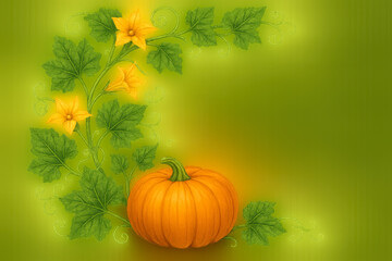 Pumpkin with yellow flowers and green leaves in a vibrant background during late summer