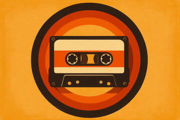 Retro cassette tape design with vibrant colors and circular patterns showcasing vintage music culture