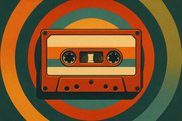 Retro cassette tape design with colorful circular background showcasing vibrant art style and nostalgic vibe