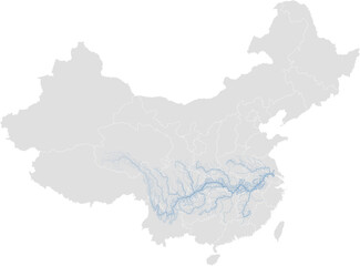 Obraz premium Changjiang River system – China rivers vector map with province boundaries (Web Mercator projection, based on river size, PPT-compatible & fully editable)