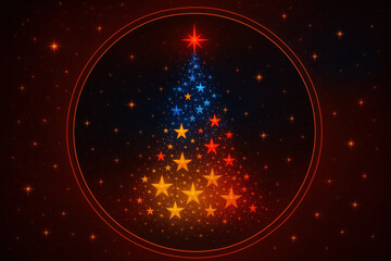 Christmas tree made of colorful stars shines brightly in the night sky during the holiday season celebration