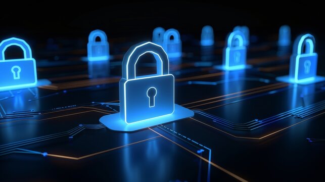 Futuristic cybersecurity with digital padlocks on a glowing circuit board for data protection
