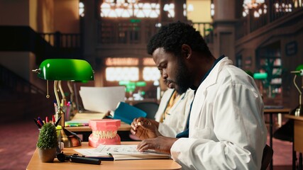 Fototapeta premium African american future dentist examines a plastic model of human teeth, studying stomatology practices in the campus library. Male student learns about dentistry or oral health. Camera A.