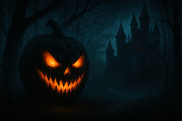 Spooky pumpkin with glowing eyes in front of an eerie castle at night