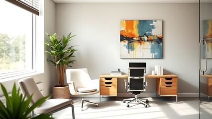 Modern office corner featuring contemporary furniture and abstract wall art.