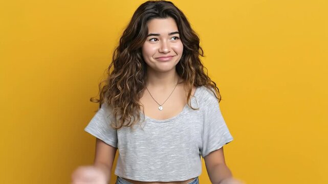 A charming young woman with expressive eyes and flowing wavy brown hair stands against a vibrant yellow background, shrugging her shoulders with open palms. Her friendly, slightly bewildered expressio