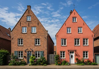 Two traditional gabled houses, one with exposed red brick and the other with a reddish-pink stucco facade, stand side by side under a bright blue sky with wispy white clouds.