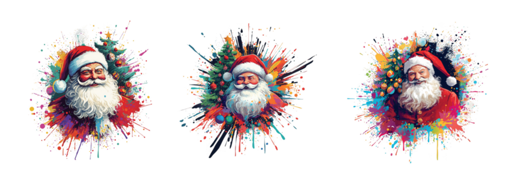 Three artistic watercolor splash portraits of santa claus with christmas trees, isolated on transparent background