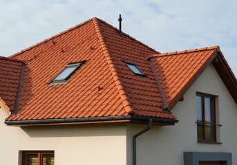 Obraz premium Modern house , red clay tiled roof, rain gutter and gable and valley type of roof construction. Roofing Construction.
