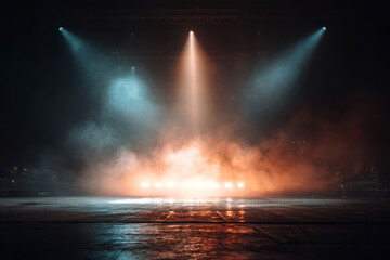 Cconcert stage with central spotlight beam, side lights and smoke