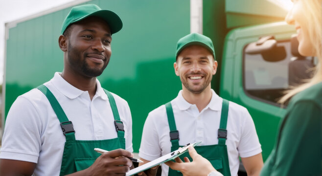 Two friendly movers in green uniforms talking to a customer. Professional delivery service team with a clipboard next to a moving truck ready to take a signature