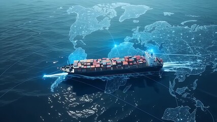 Dynamic Global Container Ship Navigating Digital World Map with Glowing Data Network for International Trade. - Powered by Adobe