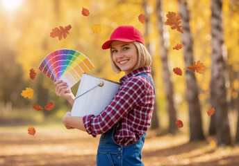 Obraz premium A smiling woman holds a paint can and color swatch guide in an autumn park. Female painter choosing colors for a DIY home improvement project inspired by fall colors
