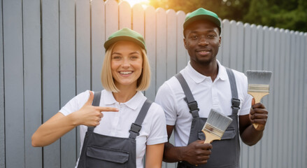 A diverse team of professional painters smiling in front of a fence. A man and woman in uniform hold paintbrushes for a home improvement job. Teamwork and renovation service concept