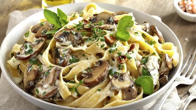 A close-up shot beautifully showcases a delectable bowl of creamy pasta adorned with saut&eacute;ed mushrooms, fresh green basil leaves, and finely chopped herbs. The rich, white sauce generously coats the a