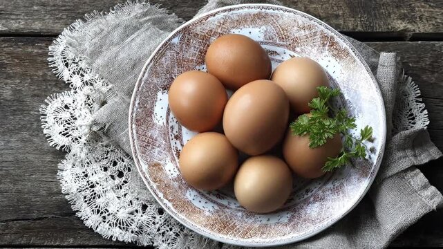 A close-up, overhead view showcases a collection of fresh, brown organic eggs meticulously arranged on a charming patterned plate. A delicate sprig of vibrant green parsley adds a touch of natural ele