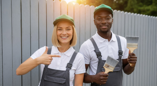 A diverse team of professional painters smiling in front of a fence. A man and woman in uniform hold paintbrushes for a home improvement job. Teamwork and renovation service concept