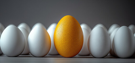 Yellow Egg with Spots Among White Speckled Eggs. 3D rendering, bright yellow egg with stands out among white speckled eggs, symbolizing uniqueness, nonconformity