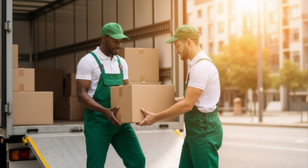 Two professional movers working together to unload a moving truck. Diverse delivery men in uniform carrying a cardboard box. Relocation and logistics service concept