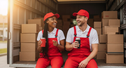 Diverse movers taking a coffee break in a delivery truck. Happy male and female colleagues laughing together surrounded by cardboard boxes. Teamwork and logistics service concept