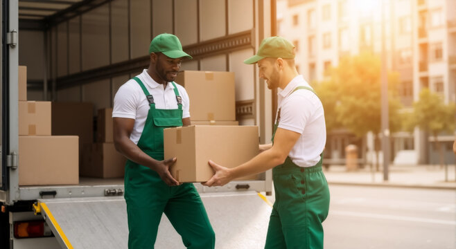Two professional movers working together to unload a moving truck. Diverse delivery men in uniform carrying a cardboard box. Relocation and logistics service concept - Powered by Adobe