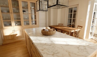 Bright kitchen with marble island, wooden cabinetry, dining area, and natural light