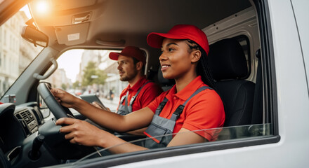 Diverse delivery workers team driving in a van. A smiling woman driver and her male colleague in uniform. Logistics and transportation service concept