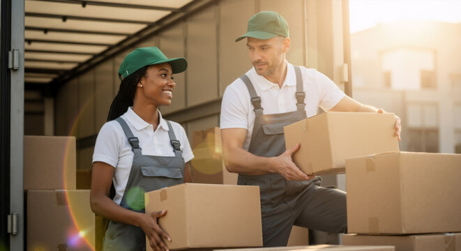 Diverse team of movers loading a truck with cardboard boxes. Professional man and woman working together for a relocation service. Teamwork and logistics concept