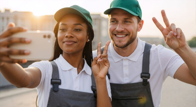 Happy diverse colleagues in uniform taking a selfie outdoors. Young man and woman workers smiling and showing peace signs. Teamwork and positive work culture concept
