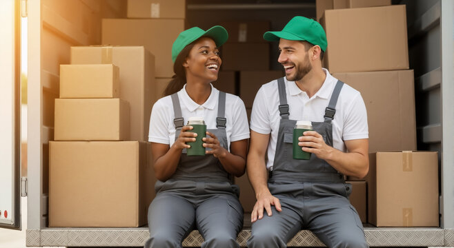 Diverse movers taking a coffee break on a moving truck. Happy male and female workers laughing together surrounded by cardboard boxes. Relocation service and teamwork concept