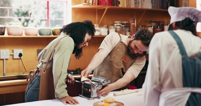 Cooking class, chef and couple with pasta in kitchen for culinary skills, learning recipe and machine. Lesson, instruction and woman with man with ingredients, food or cuisine for dinner or meal prep