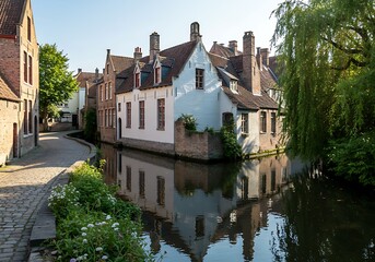 Bruges, West Flanders, Belgium, May 1, 2025: White step-gabled house along tranquil canal bordered by historic buildings, cobblestone streets, and green foliage