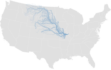 Missouri River system – United States rivers vector map with state boundaries (Albers equal area conic projection, based on river size, PPT-compatible & fully editable)