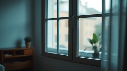 Fototapeta premium A closed window in a simple room with natural ambient light filtering through.