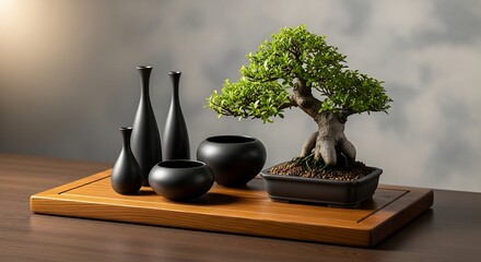 Zen Bonsai Arrangement on Wooden Tray.
