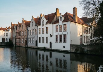 Bruges, West Flanders, Belgium, May 1, 2025 - Row of traditional step-gabled medieval buildings lining canal waterfront feat distinctive Flemish architecture, dec facades and white-painted buildings.