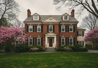 Classic Colonial Revival Two-Story Brick Family House with Symmetrical Design in Newton, Massachusetts, USA